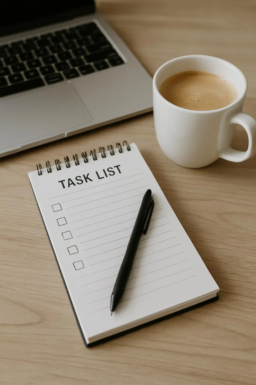 Peaceful workspace with a task list and coffee during a batching session