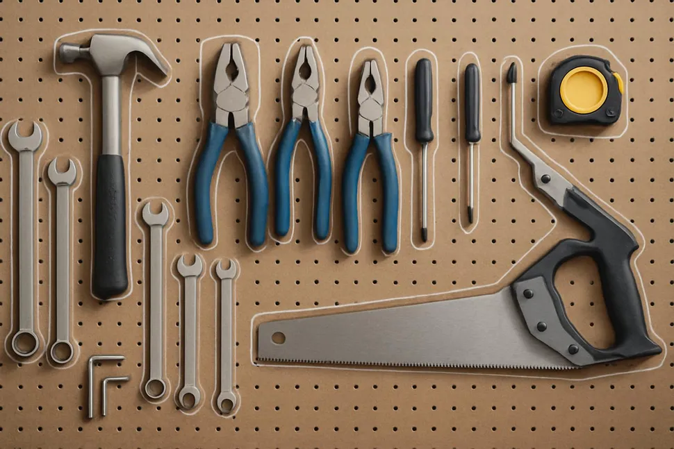 Pegboard with hand tools neatly organized and outlined