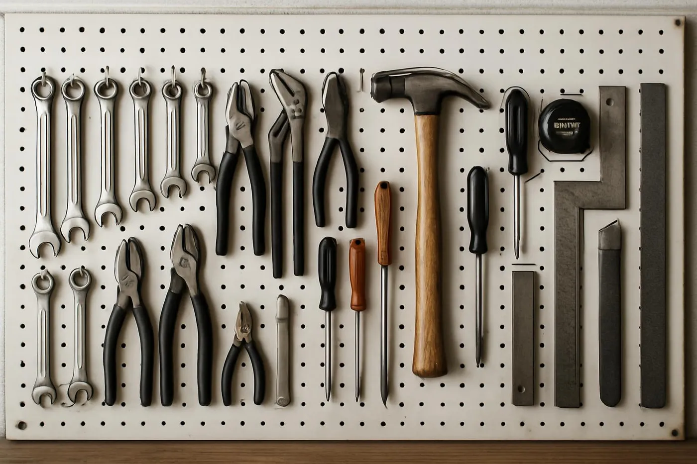 Pegboard with tools outlined and neatly arranged by category