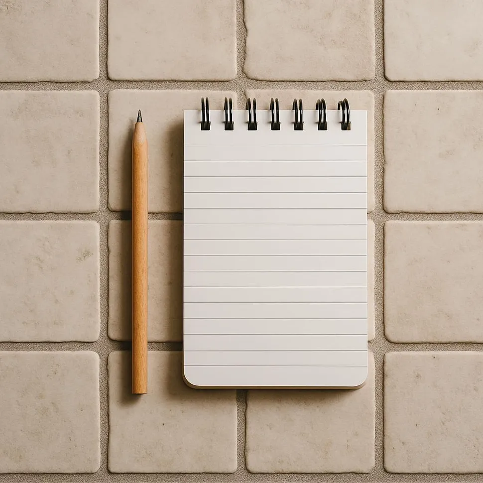 Pencil and small notepad on a tile background