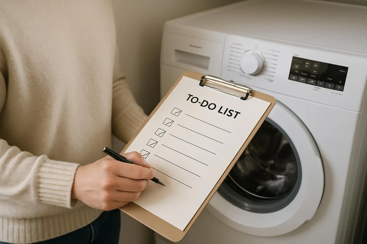 Person checking a to-do list on a clipboard next to a washing machine