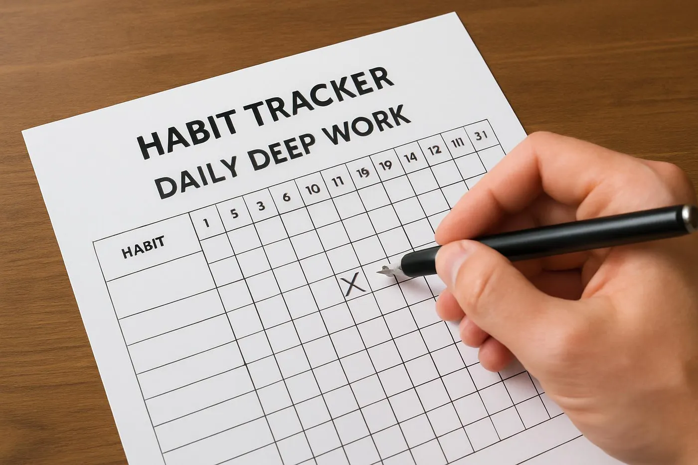 Person checking off a habit tracker for daily deep work
