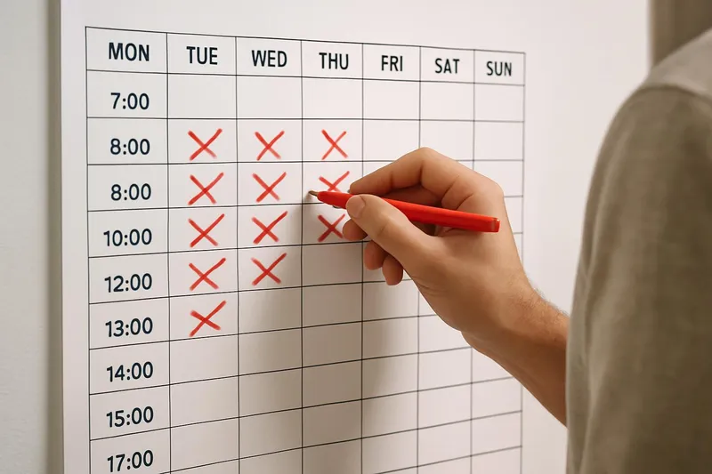 Person crossing off time blocks on a wall planner