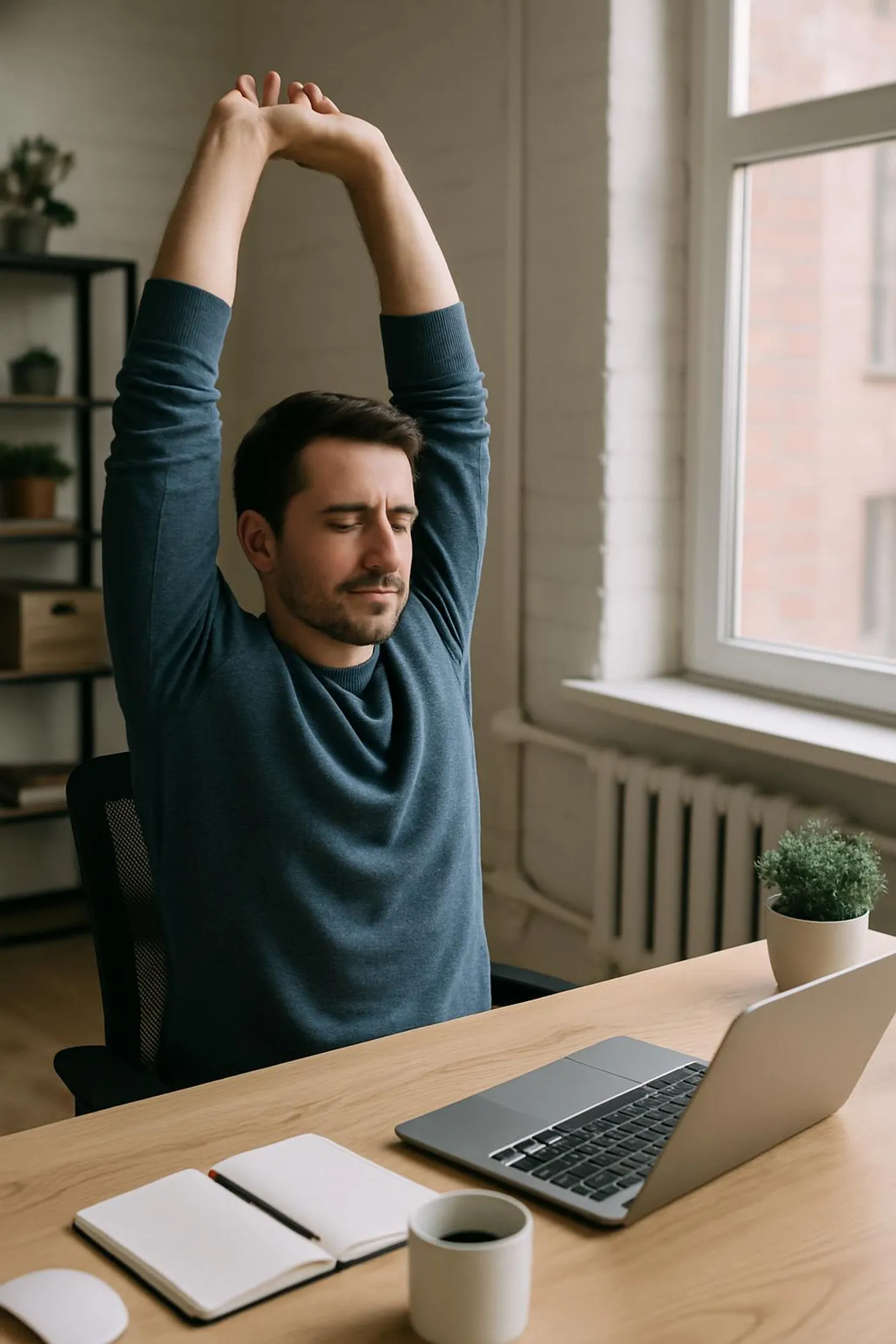 Person doing a quick desk stretch with arms overhead.