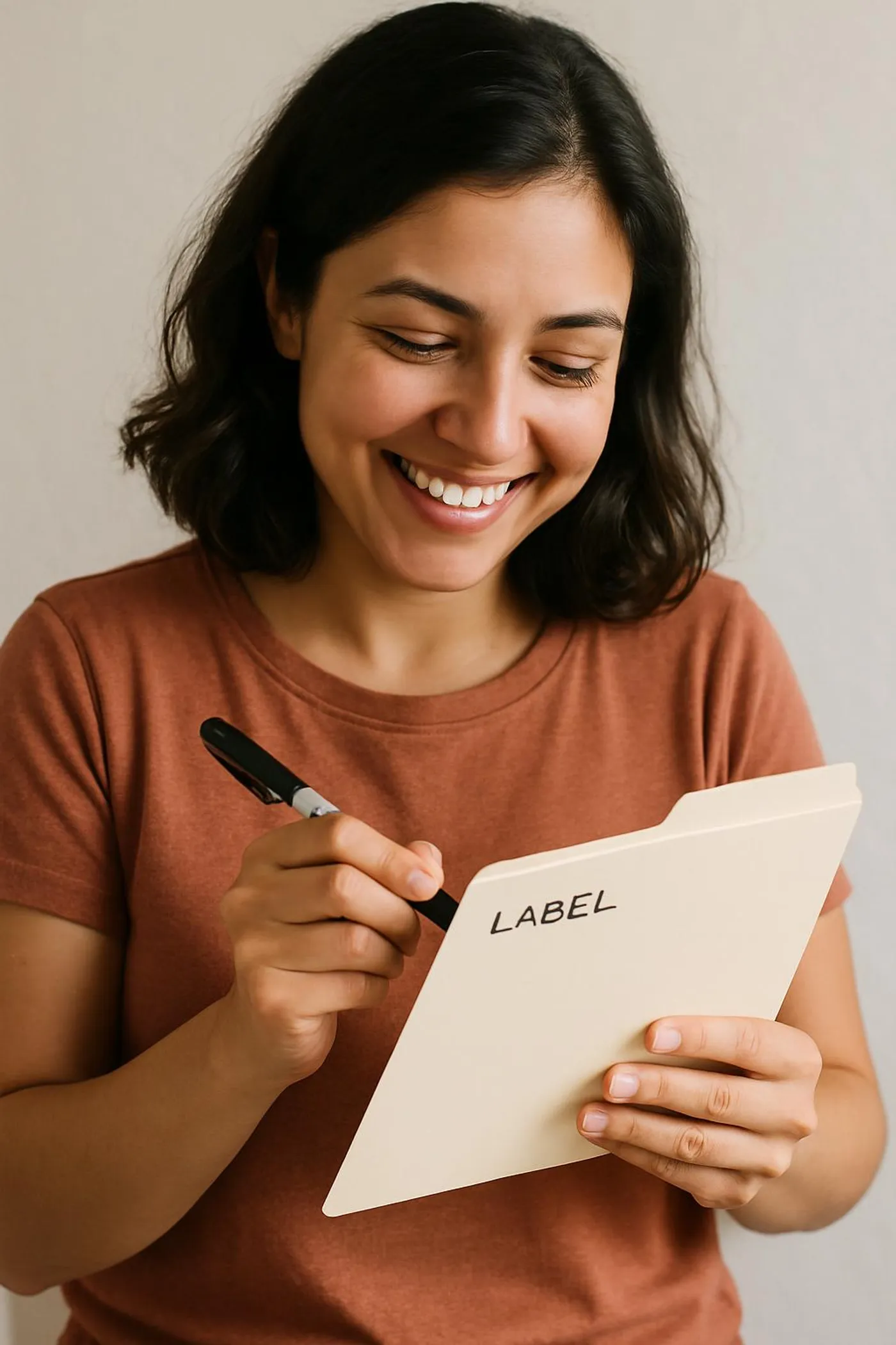 Person happily labeling a simple file folder