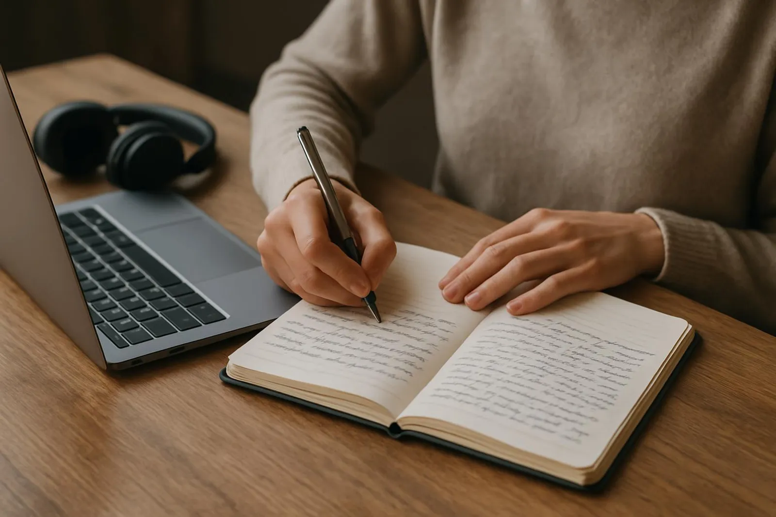 Person journaling next to a laptop and headphones