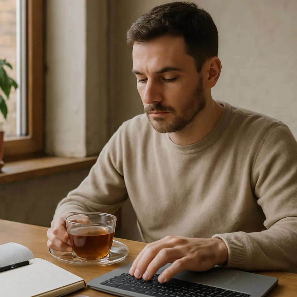 Person peacefully working with tea and focus