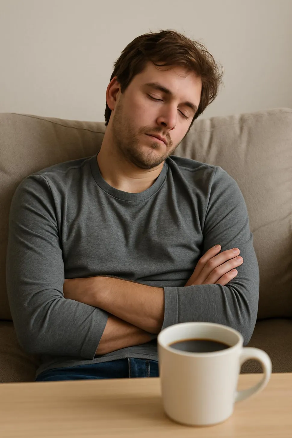 Person sleeping sitting up with coffee nearby