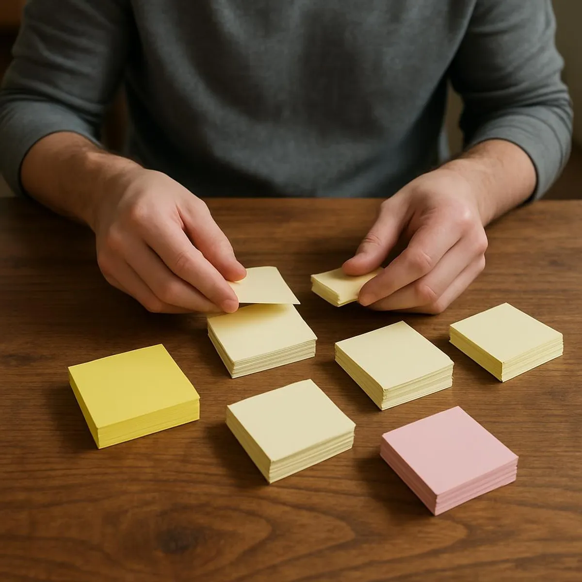 Person sorting sticky notes into stacks on a wood table