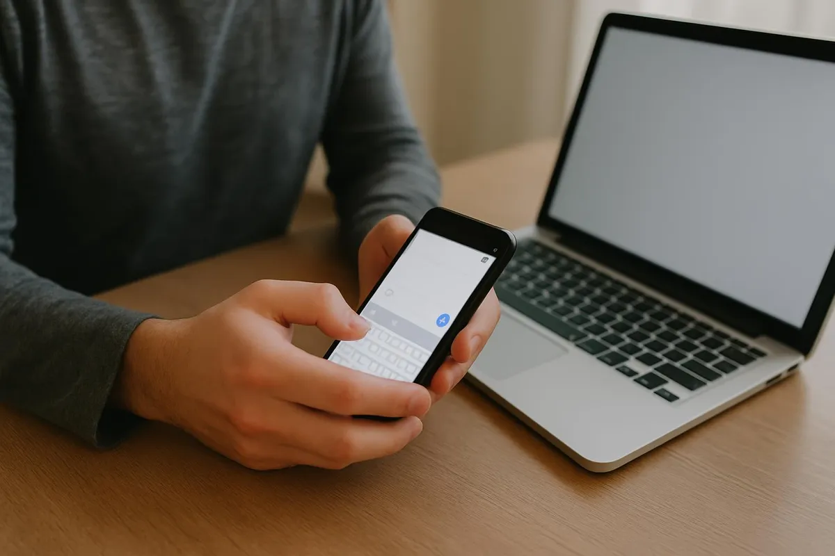 Person typing a quick message on a phone with a laptop open