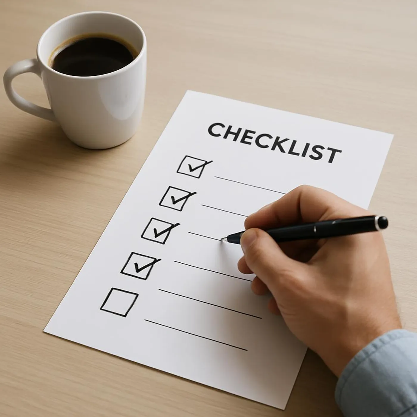 Person using a simple checklist with a cup of coffee on a clean desk.