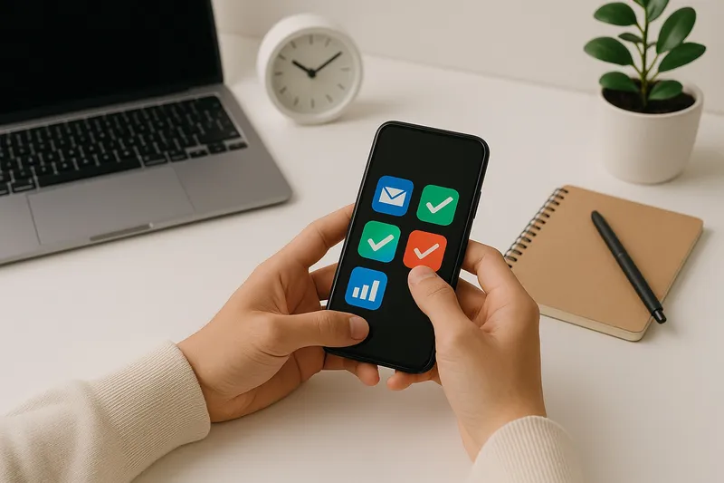 Person using productivity apps on phone in a minimalist setup