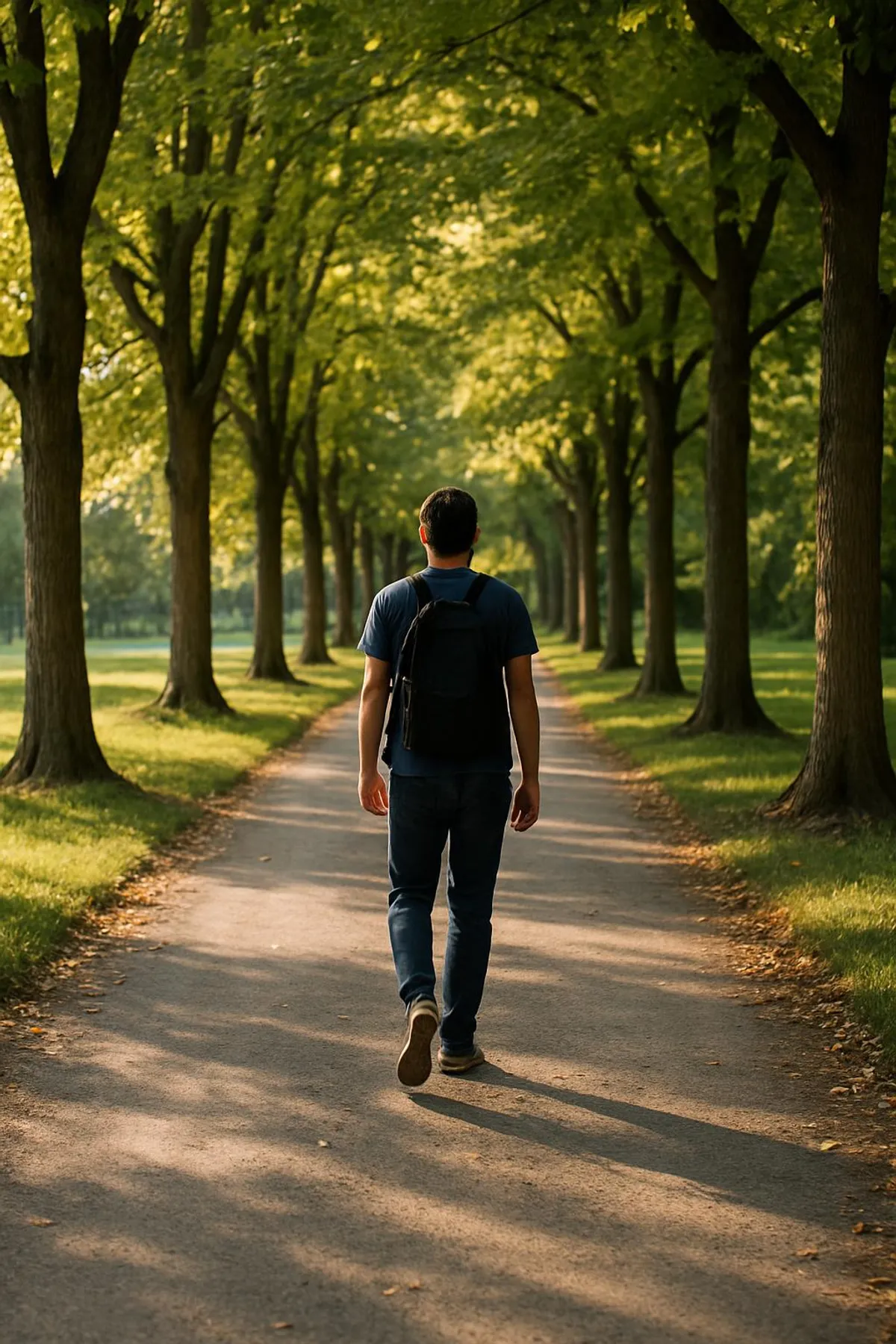 Person walking on a tree-lined path, symbolizing a reset walk during afternoon slump