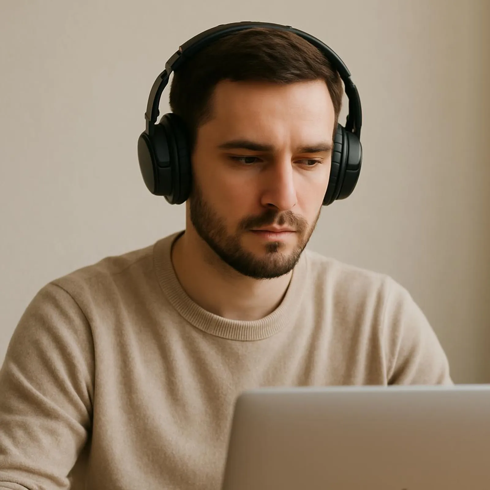Person wearing headphones and focusing on a laptop with a calm background