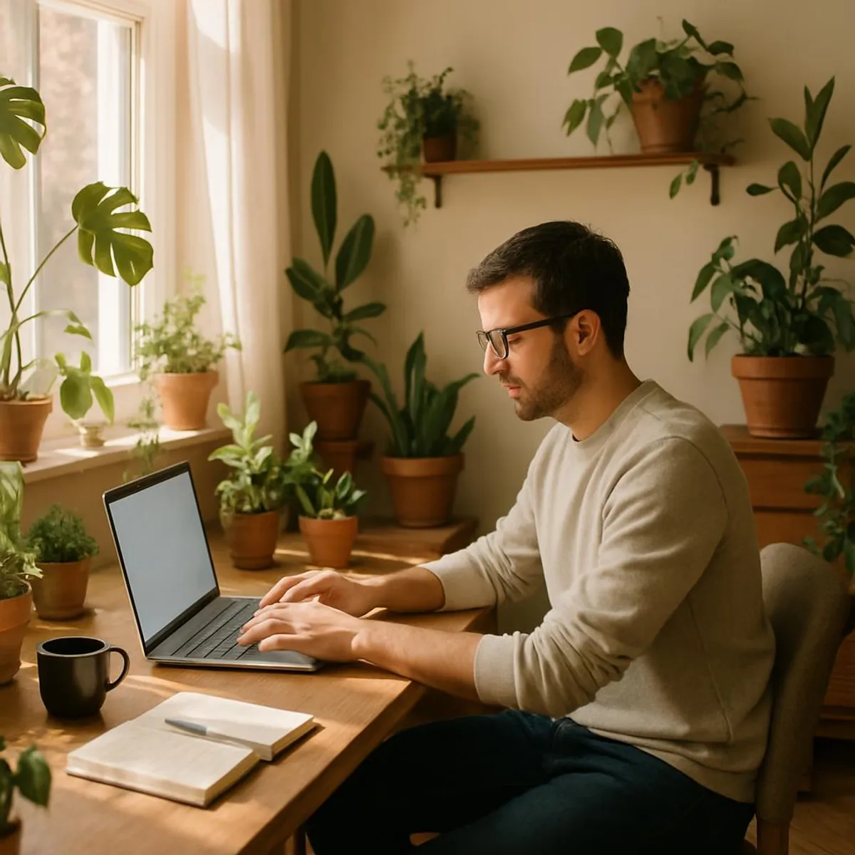 Person working at a cozy home office surrounded by plants and light