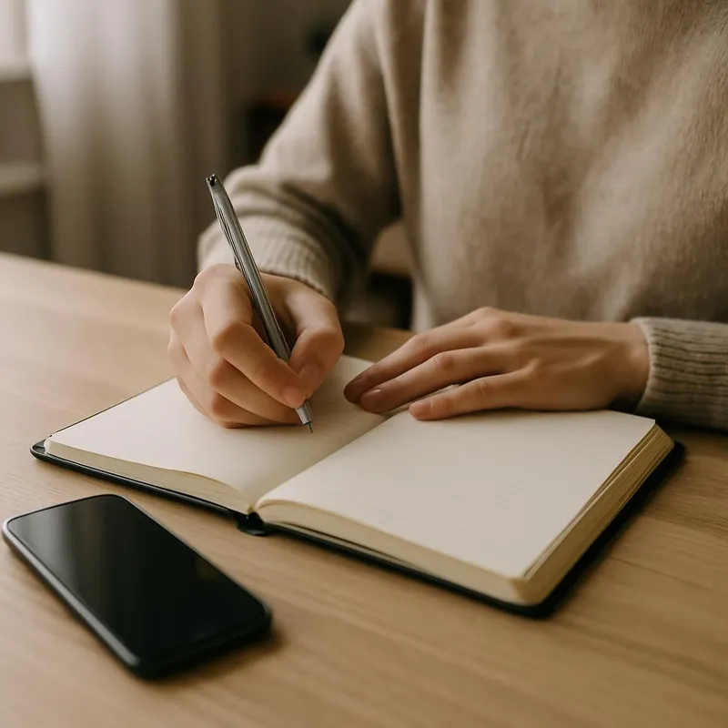 Person writing in a notebook, replacing phone use with journaling