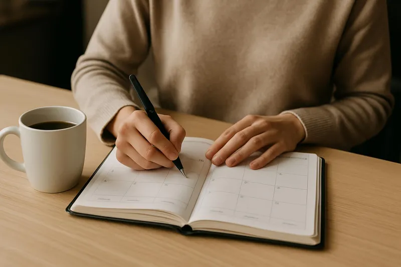 Person writing in a planner with a coffee mug by their side