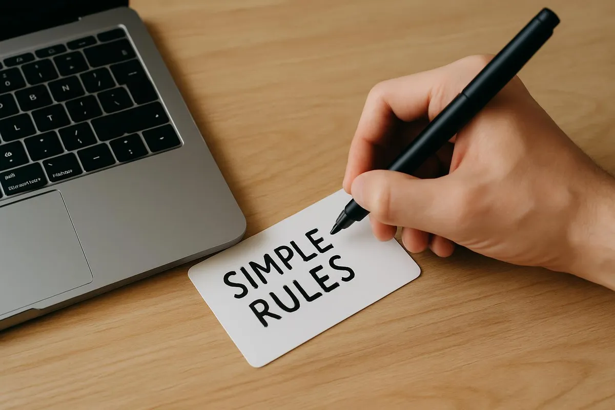Person writing simple rules on a card with a black pen next to a laptop