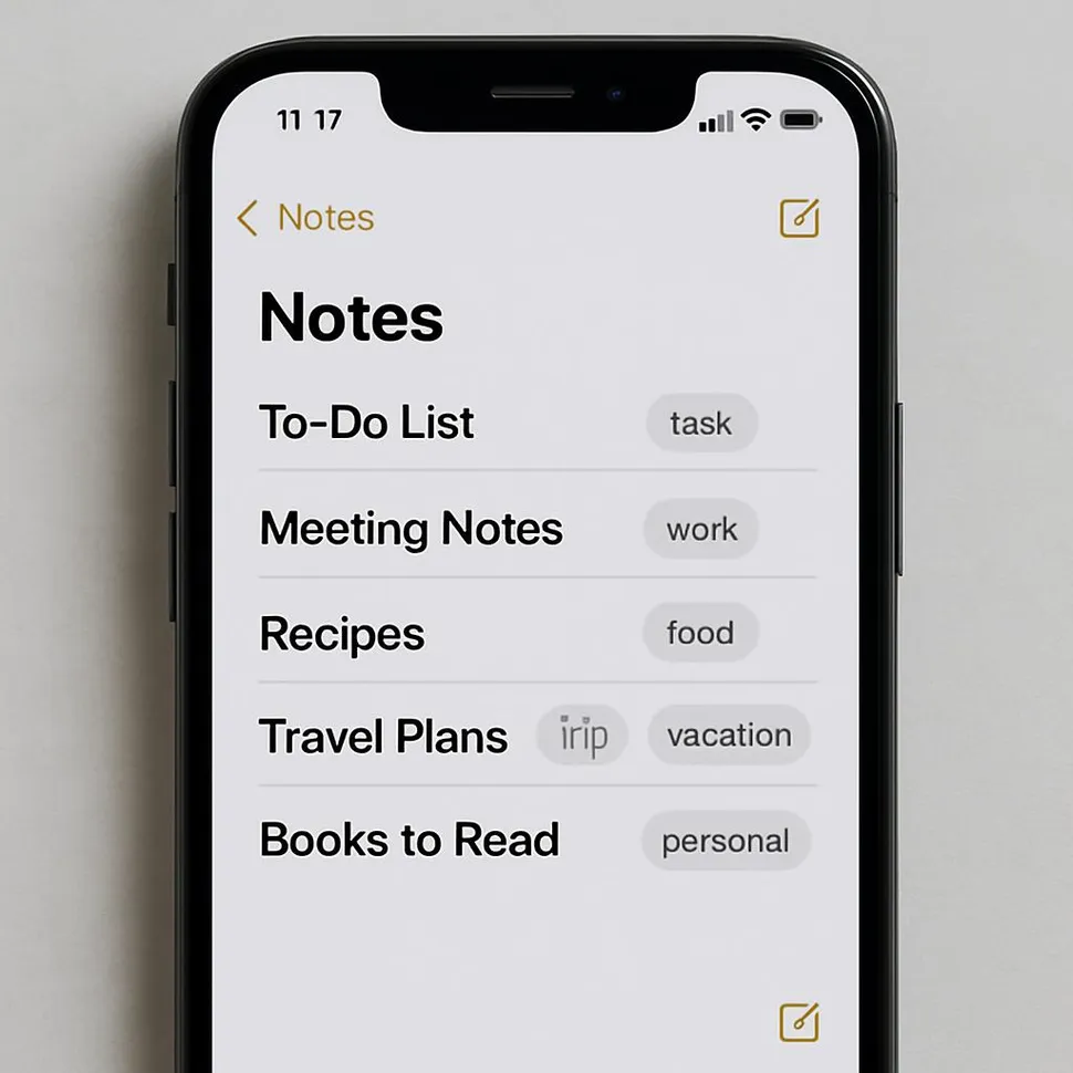 Phone notes app open with short, clear titles and a few tags.
