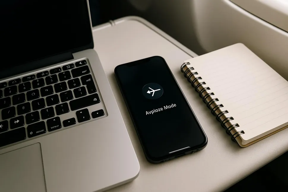 Phone on airplane mode next to a laptop and notebook.