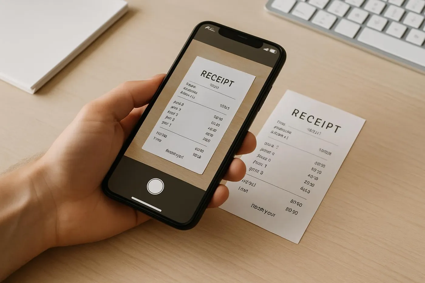Phone scanning a receipt on a clean desk
