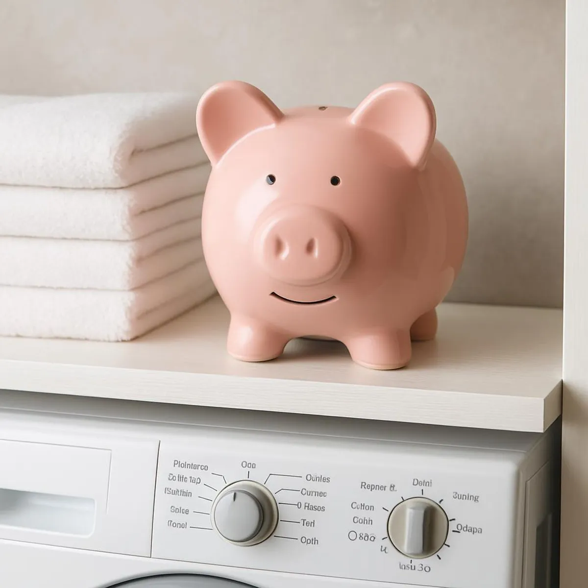 Piggy bank on laundry shelf, symbolizing cost-per-use savings