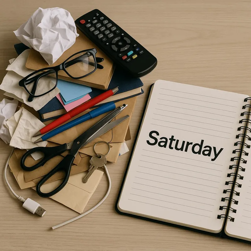 Pile of clutter next to planner that says 'Saturday'