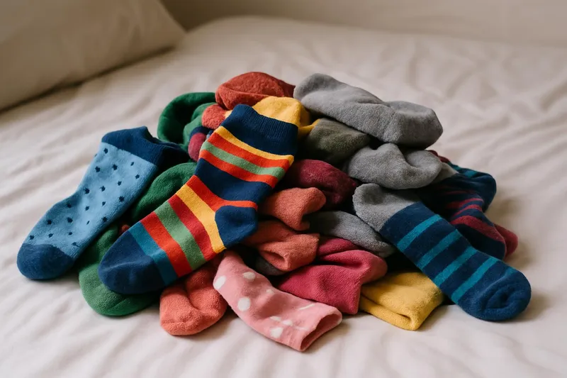 Pile of colorful mismatched socks on a bed