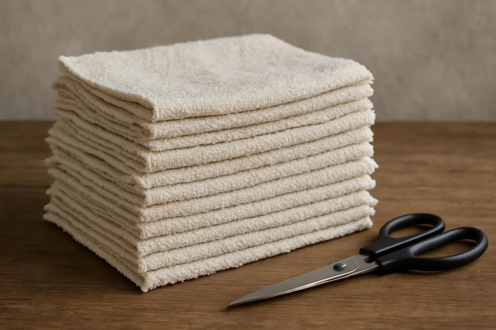Pile of cut towel rags neatly stacked with scissors nearby