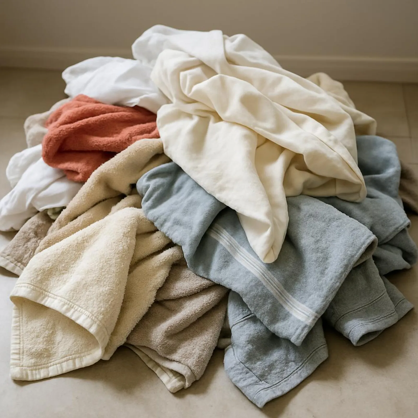 Pile of mixed towels and linens pulled out for sorting