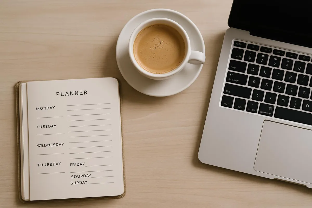 Planner, coffee, and laptop laid out neatly—ready for a calm day