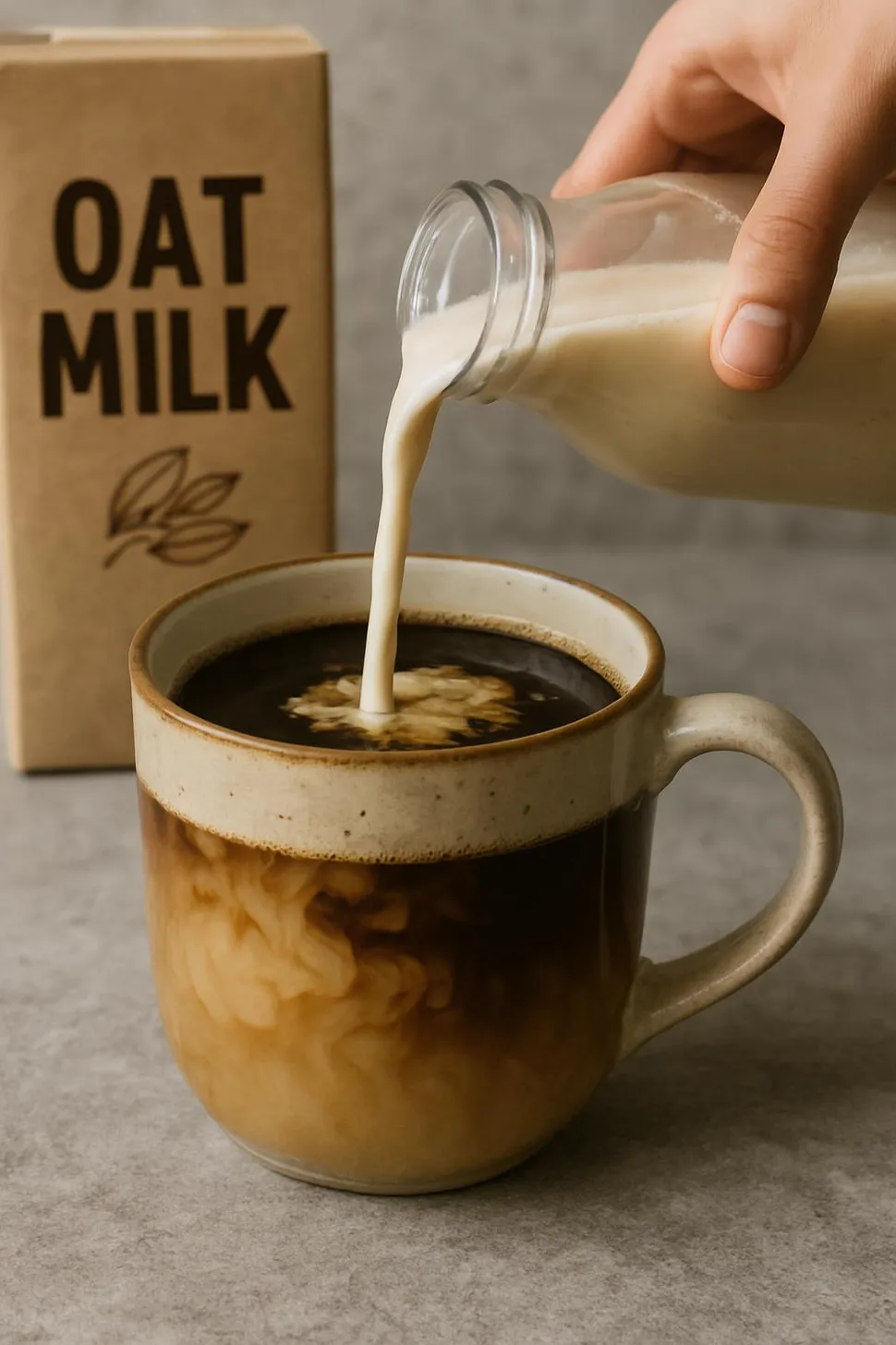 Pouring oat milk into coffee
