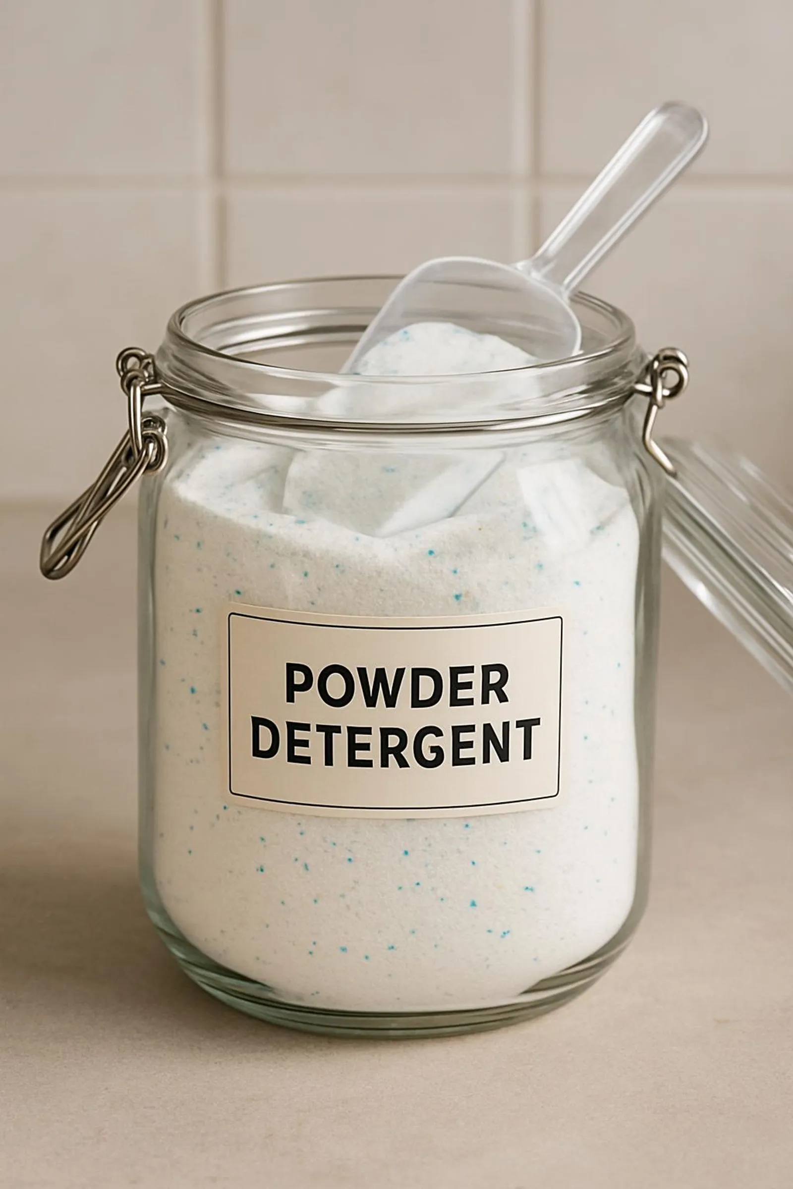 Powder detergent in a glass jar with a scoop and a simple label.