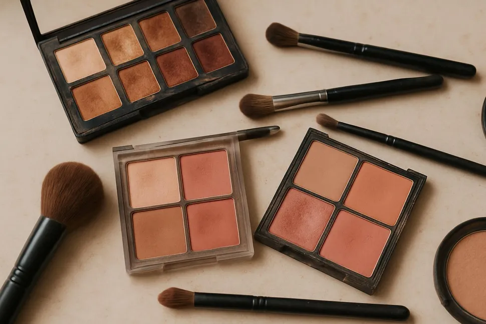 Powder palettes and brushes scattered on a vanity