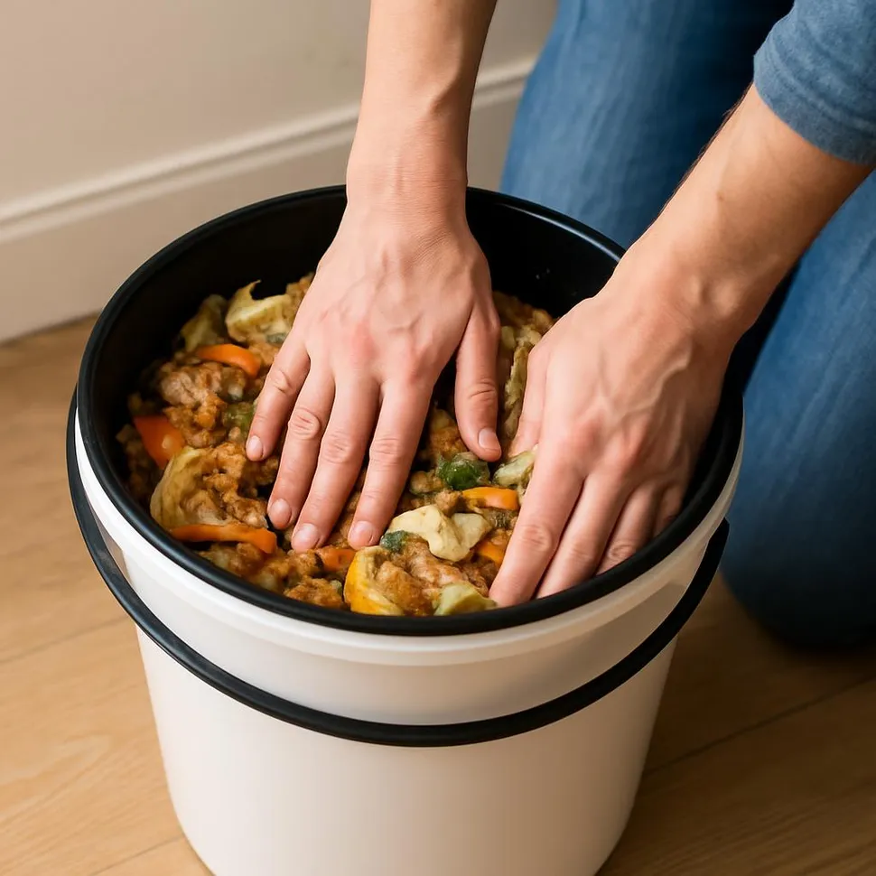 Pressing food scraps down in a bokashi bucket