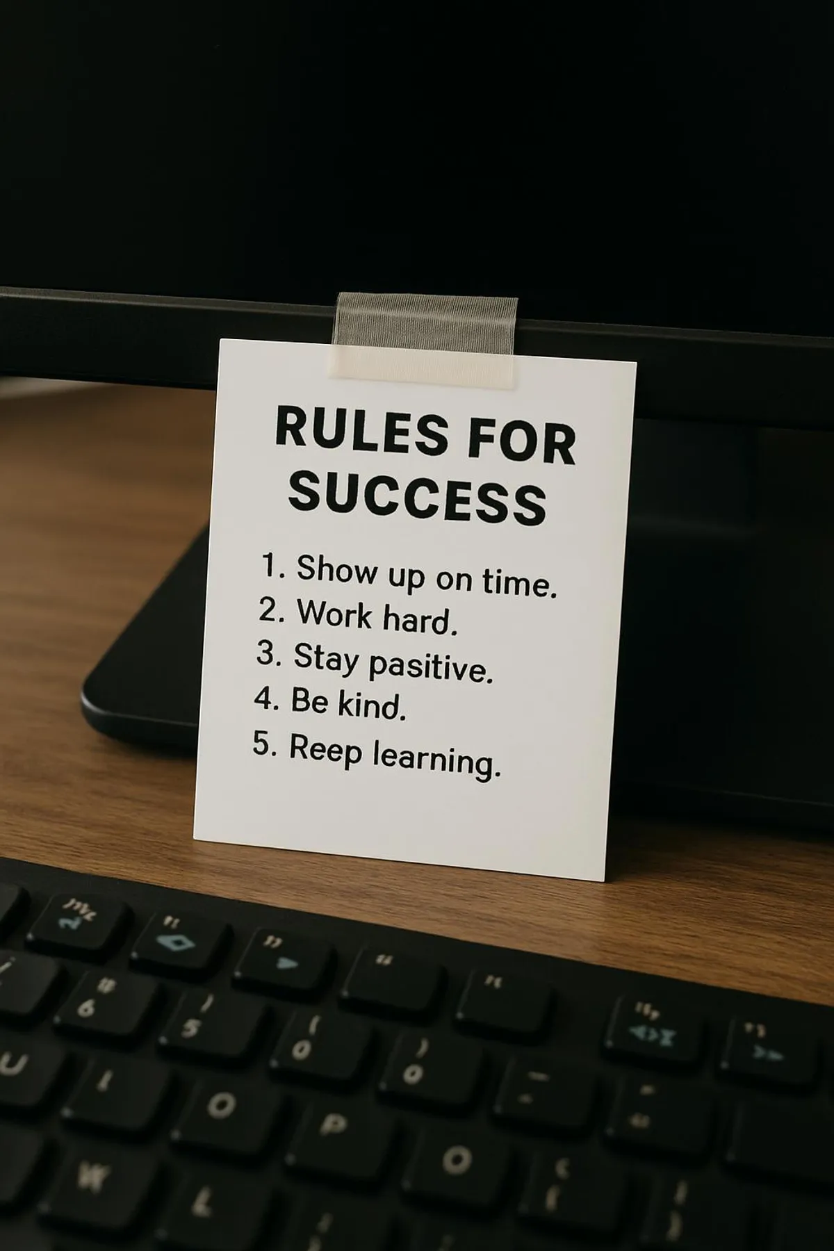Printed card with a short list of rules taped under a computer monitor