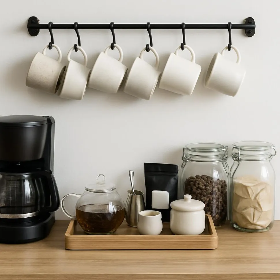 Rail-and-hook coffee station with mugs and tea accessories neatly arranged.