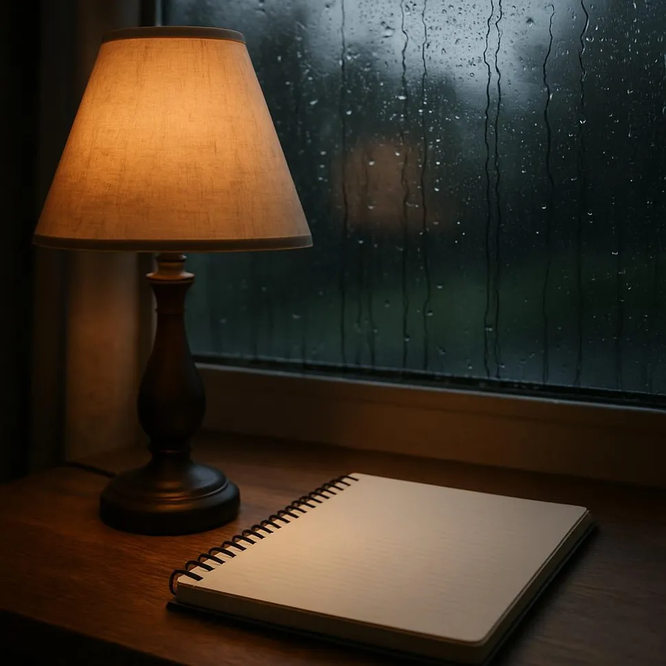 Rainy window with a cozy desk lamp and a notebook