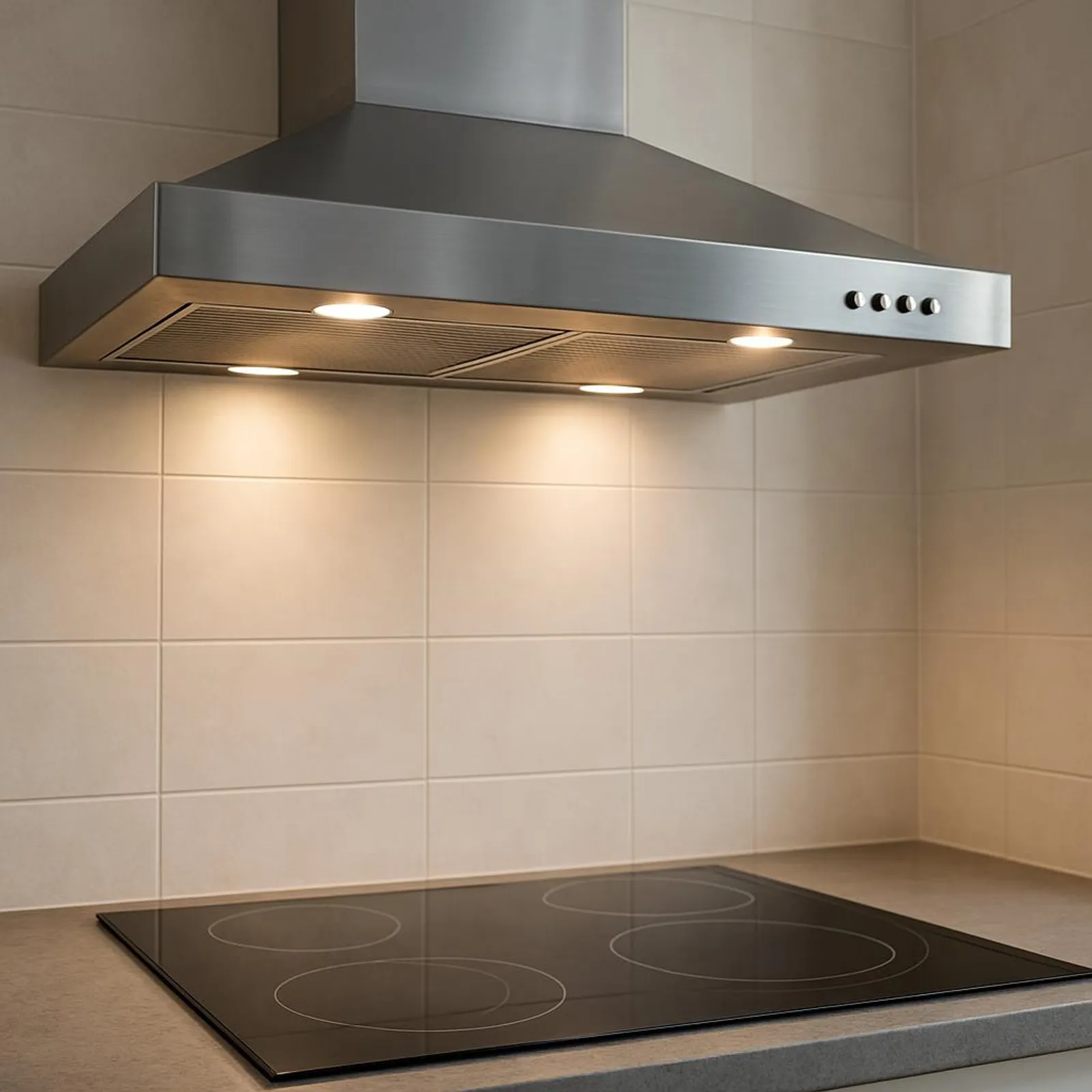 Range hood with lights on above a stovetop