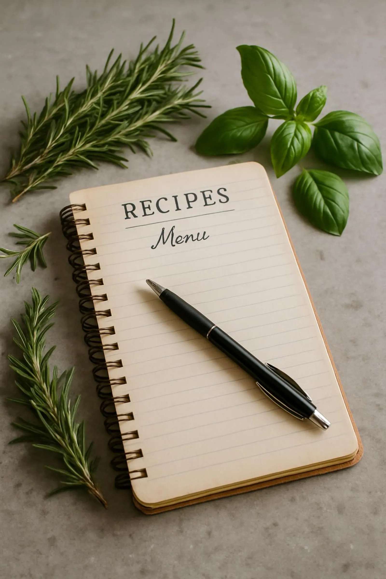 Recipe notebook, pen, and herbs on a kitchen counter for menu planning