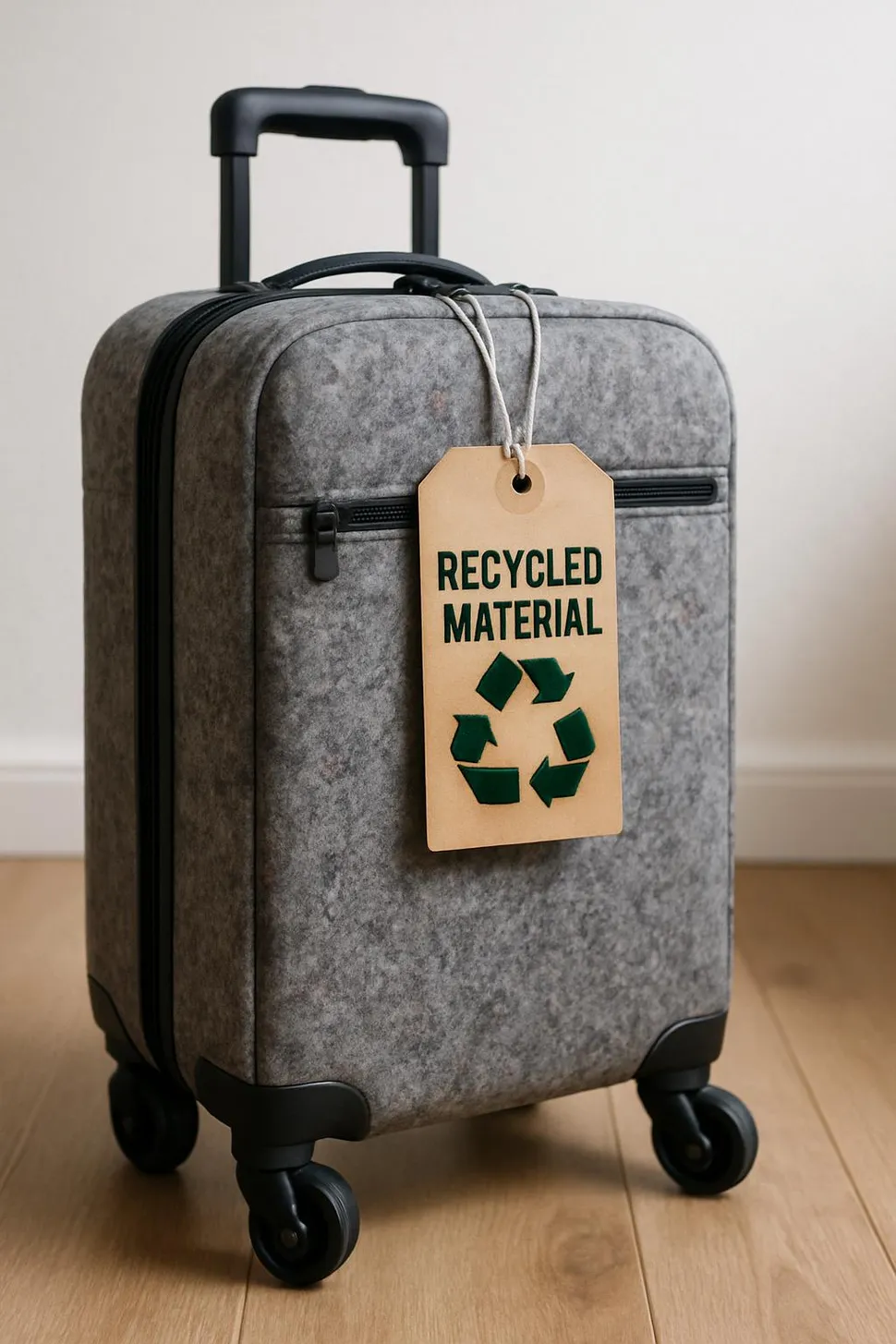 Recycled material luggage with tags