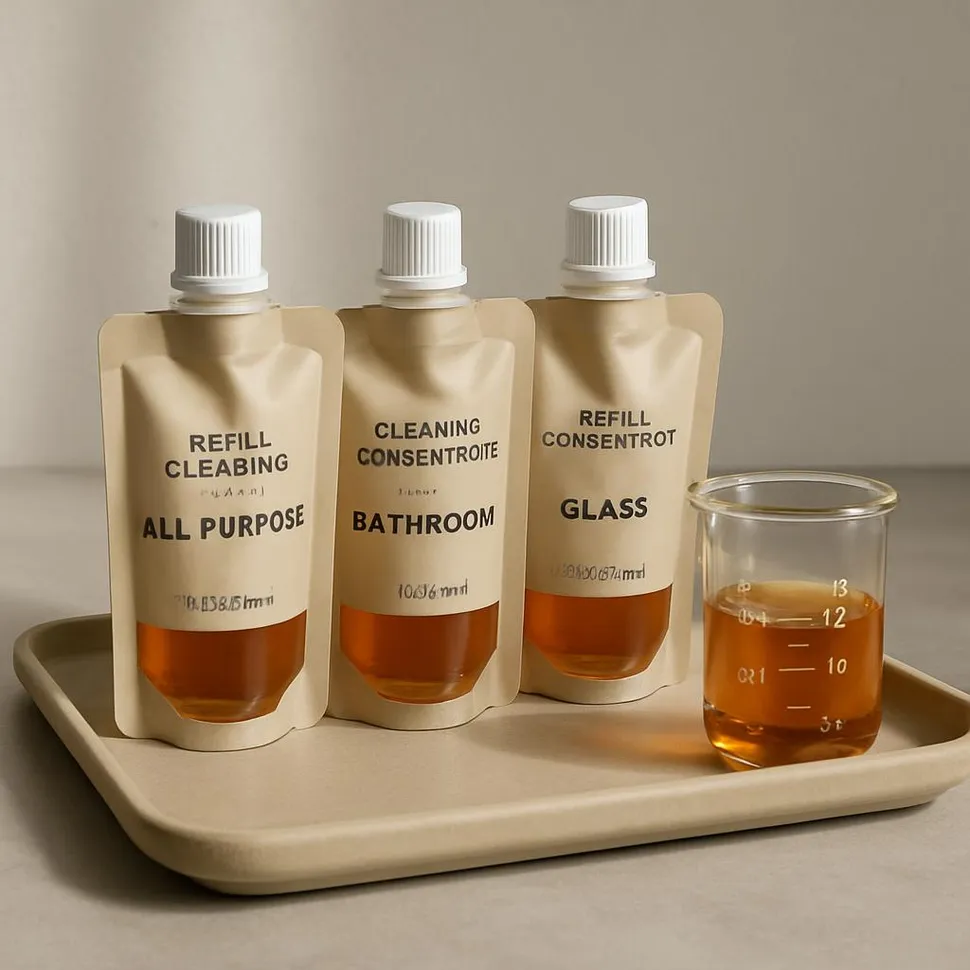 Refill cleaning concentrates and a small glass beaker on a tray