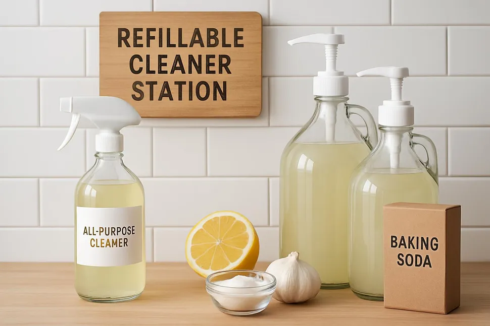 Refillable cleaner station with natural ingredients