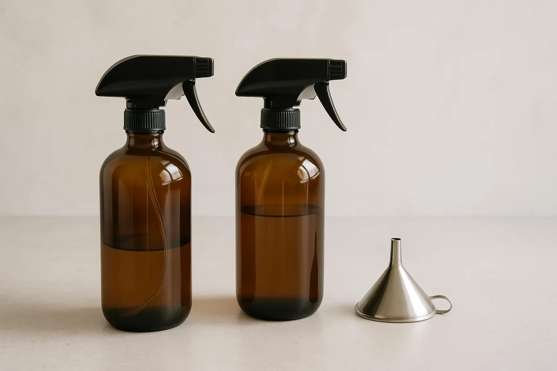 Refillable glass spray bottles and a small funnel on a clean countertop