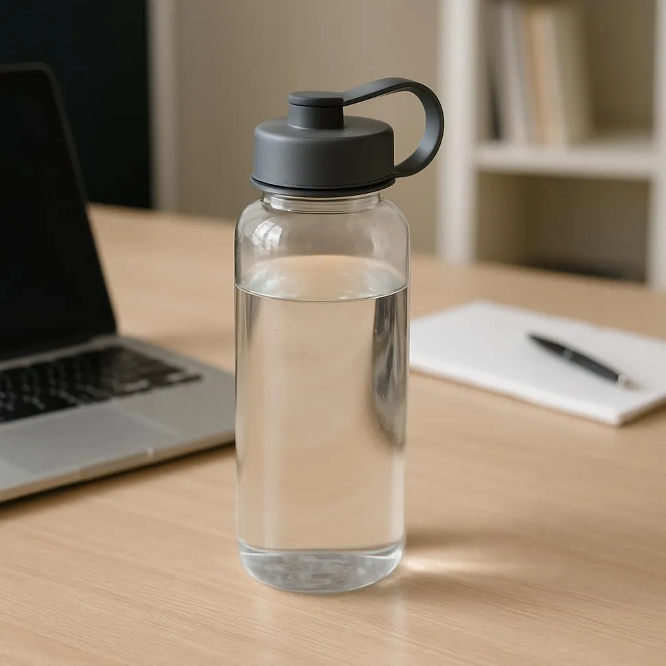 Refillable water bottle on a desk.
