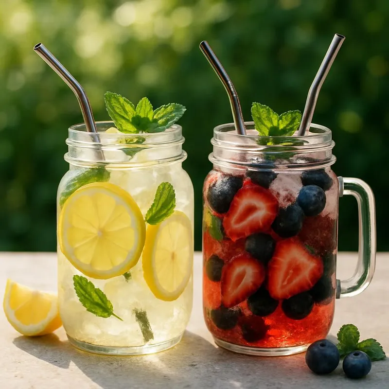 Refreshing summer drinks served in mason jars with reusable straws