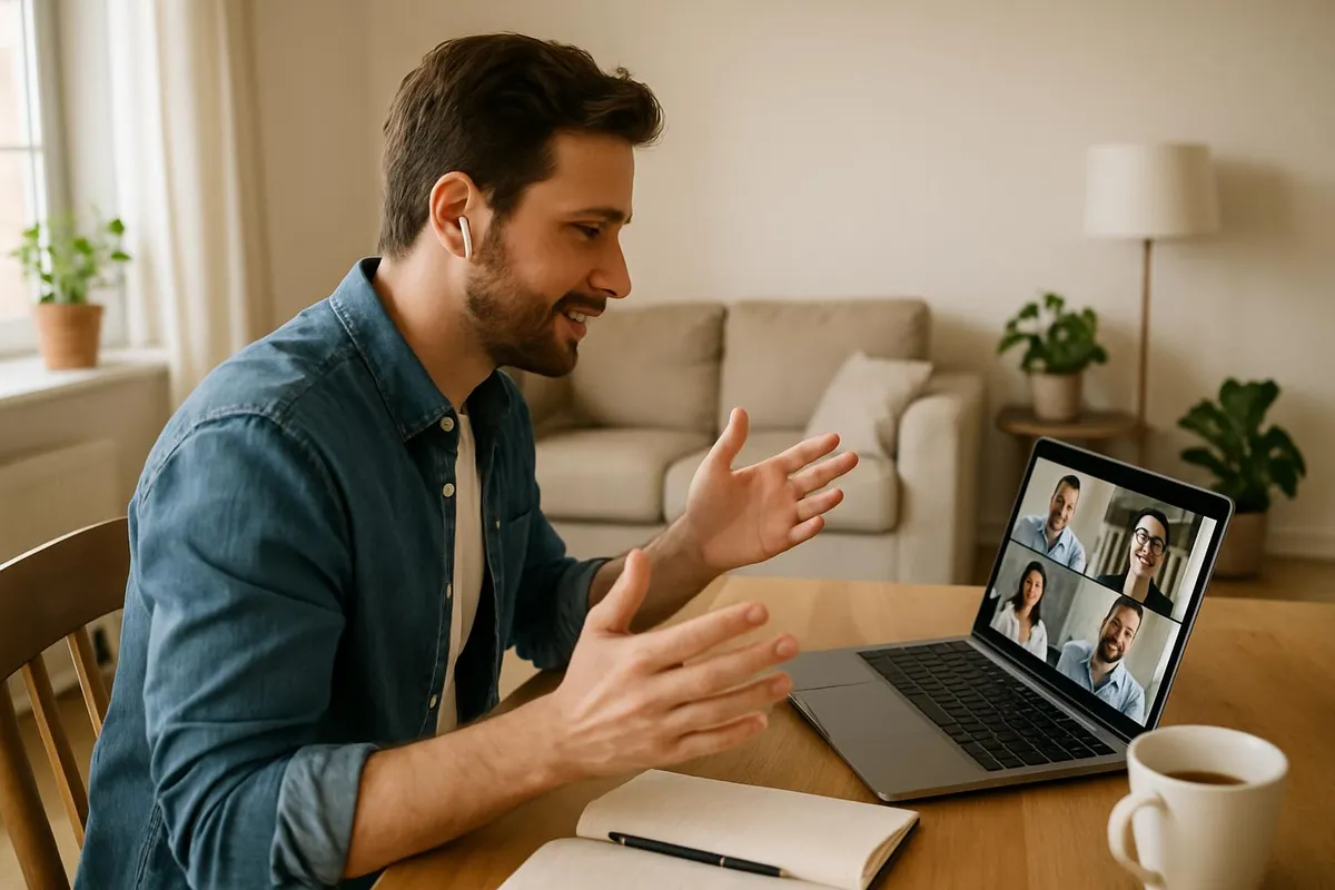 Remote worker in video meeting with casual home setup