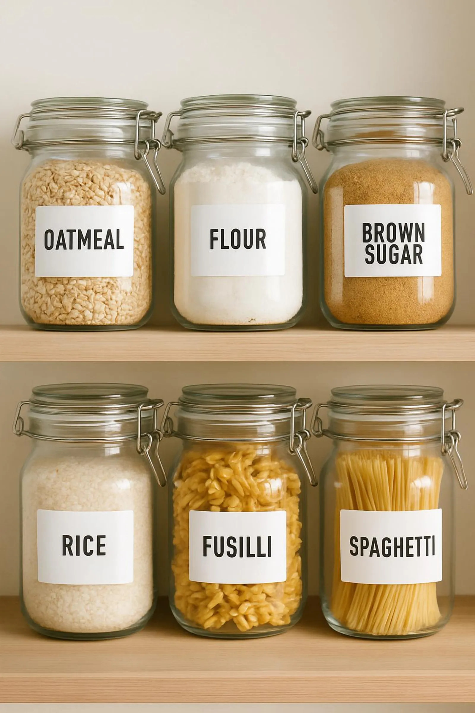 Repurposed glass jars neatly storing pantry items with labels