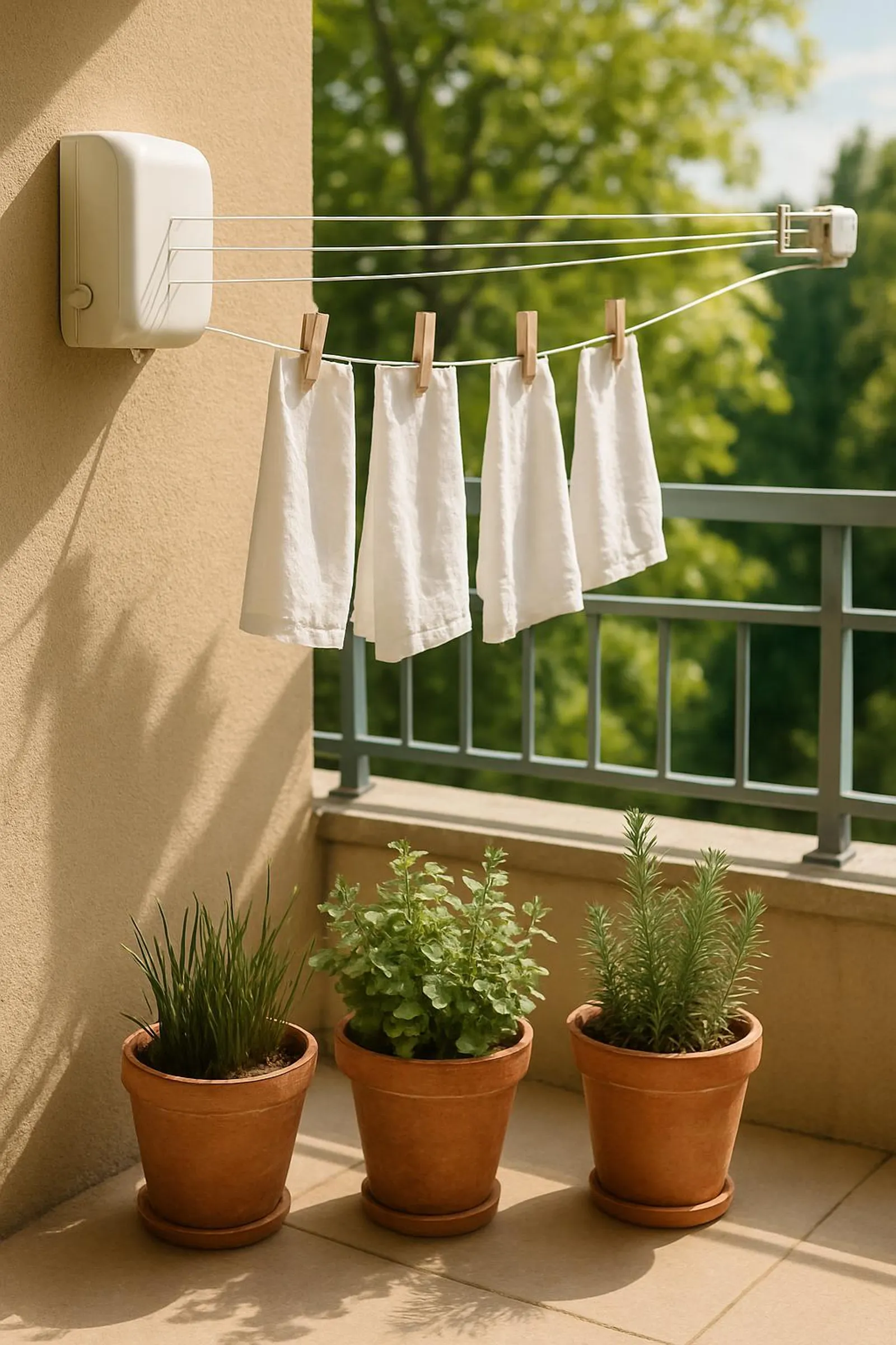 Retractable clothesline on a sunlit balcony with potted herbs