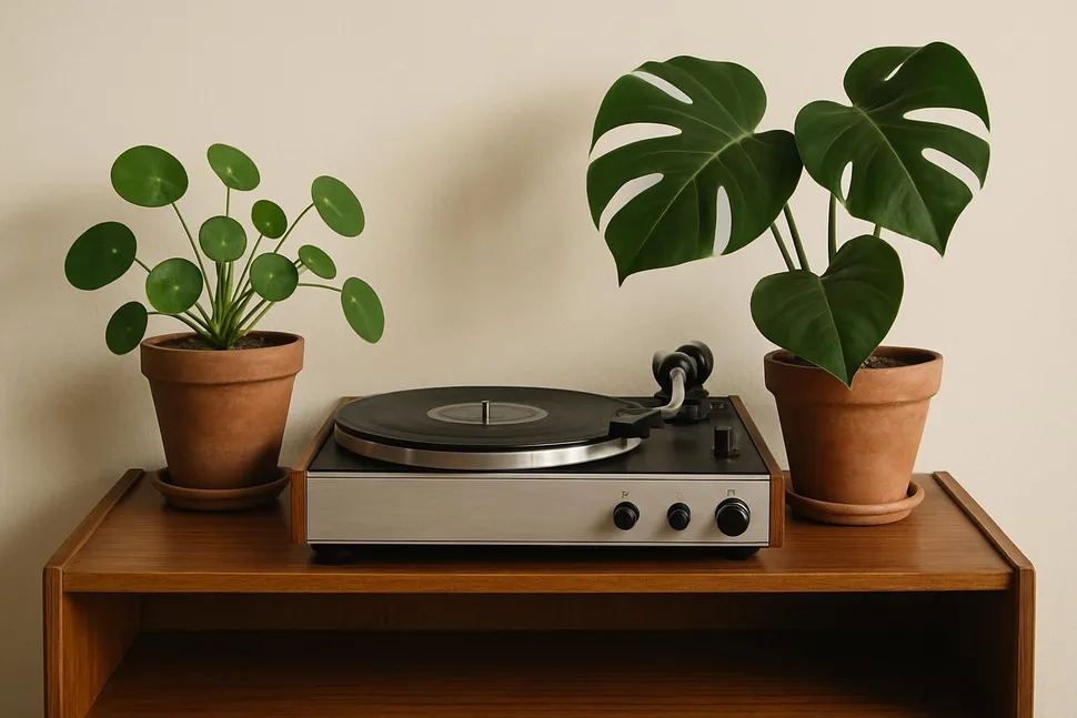 Retro vinyl player and plants on a shelf